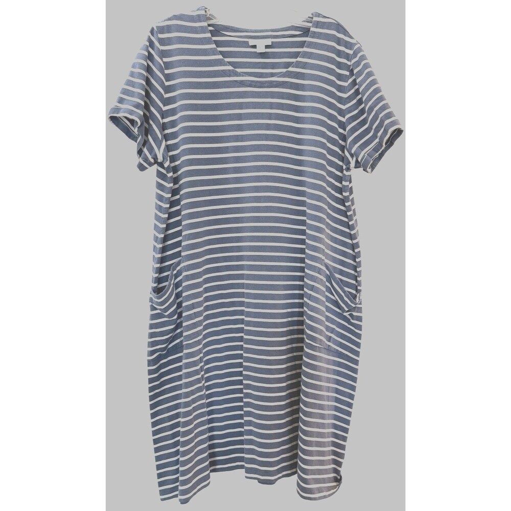 J Jill Tee Shirt Dress Petite XL White Blue Striped Pockets Nautical Coastal